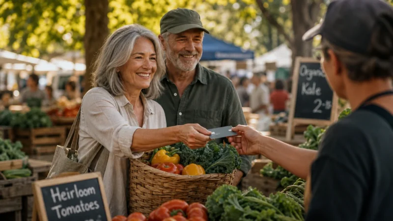 A retired couple smiling as they pay for fresh vegetables with a cash back credit card at a sunny outdoor farmers' market.