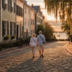 A retired couple walks down a historic cobblestone street lined with colonial homes at sunset, overlooking a harbor.