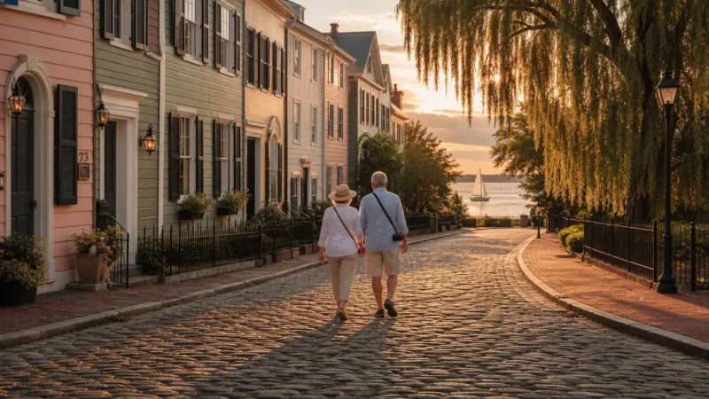 A retired couple walks down a historic cobblestone street lined with colonial homes at sunset, overlooking a harbor.