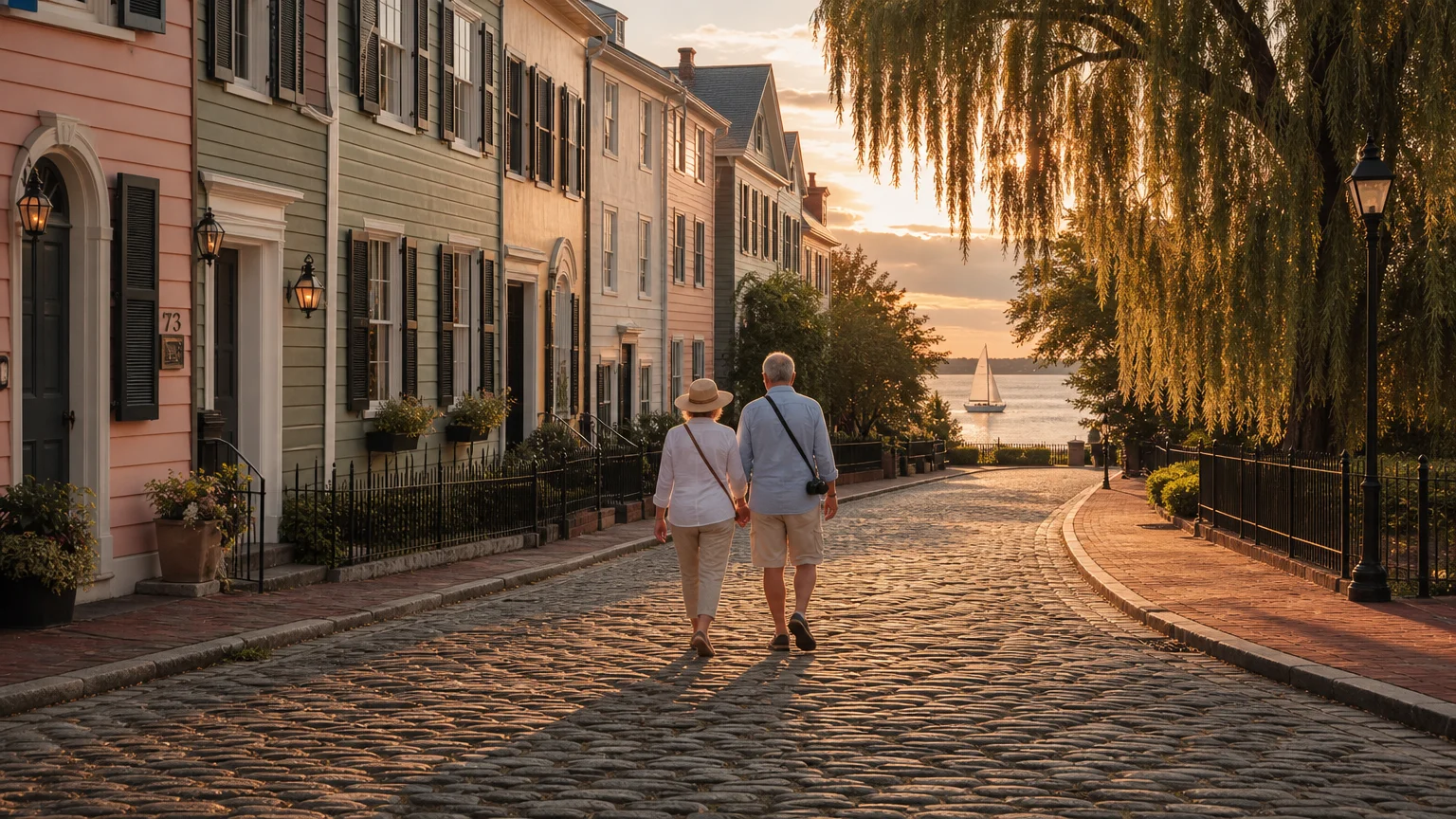 A retired couple walks down a historic cobblestone street lined with colonial homes at sunset, overlooking a harbor.