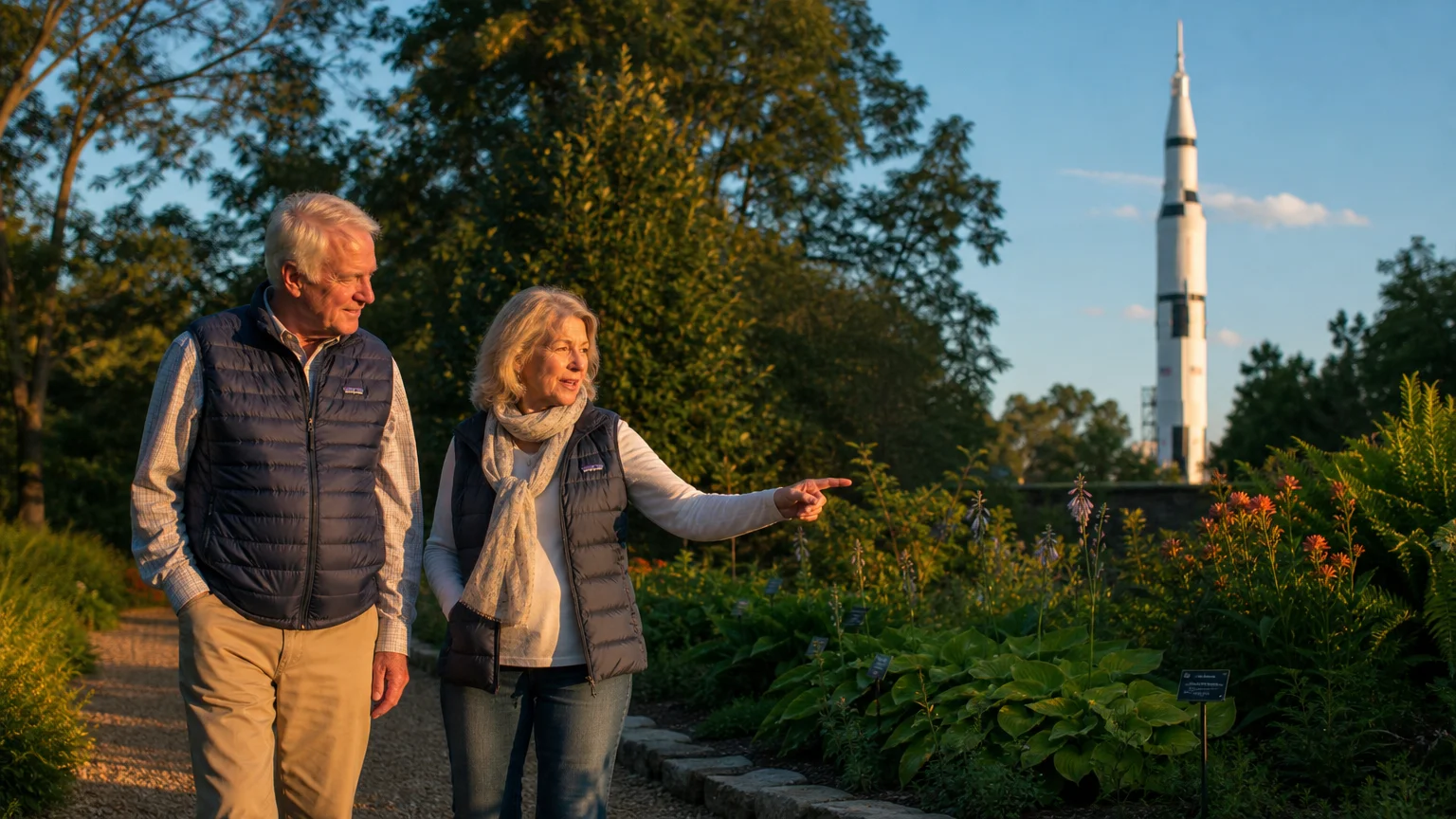A retired couple walks through a lush garden in Huntsville, Alabama, with a large space rocket visible in the distance.