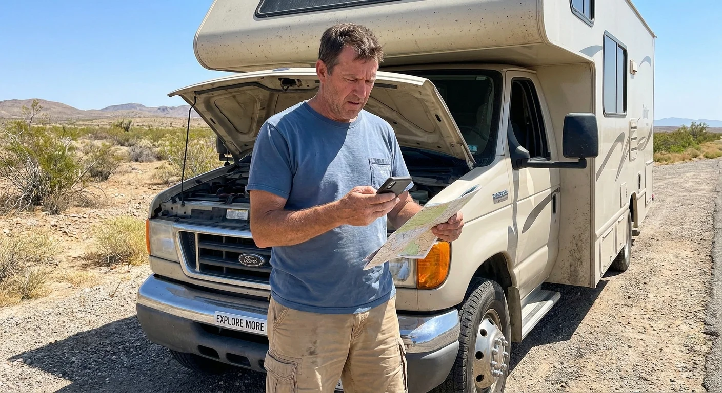 A retired man looks frustrated at a map on the hood of his camper van during a roadside stop under harsh midday sun.