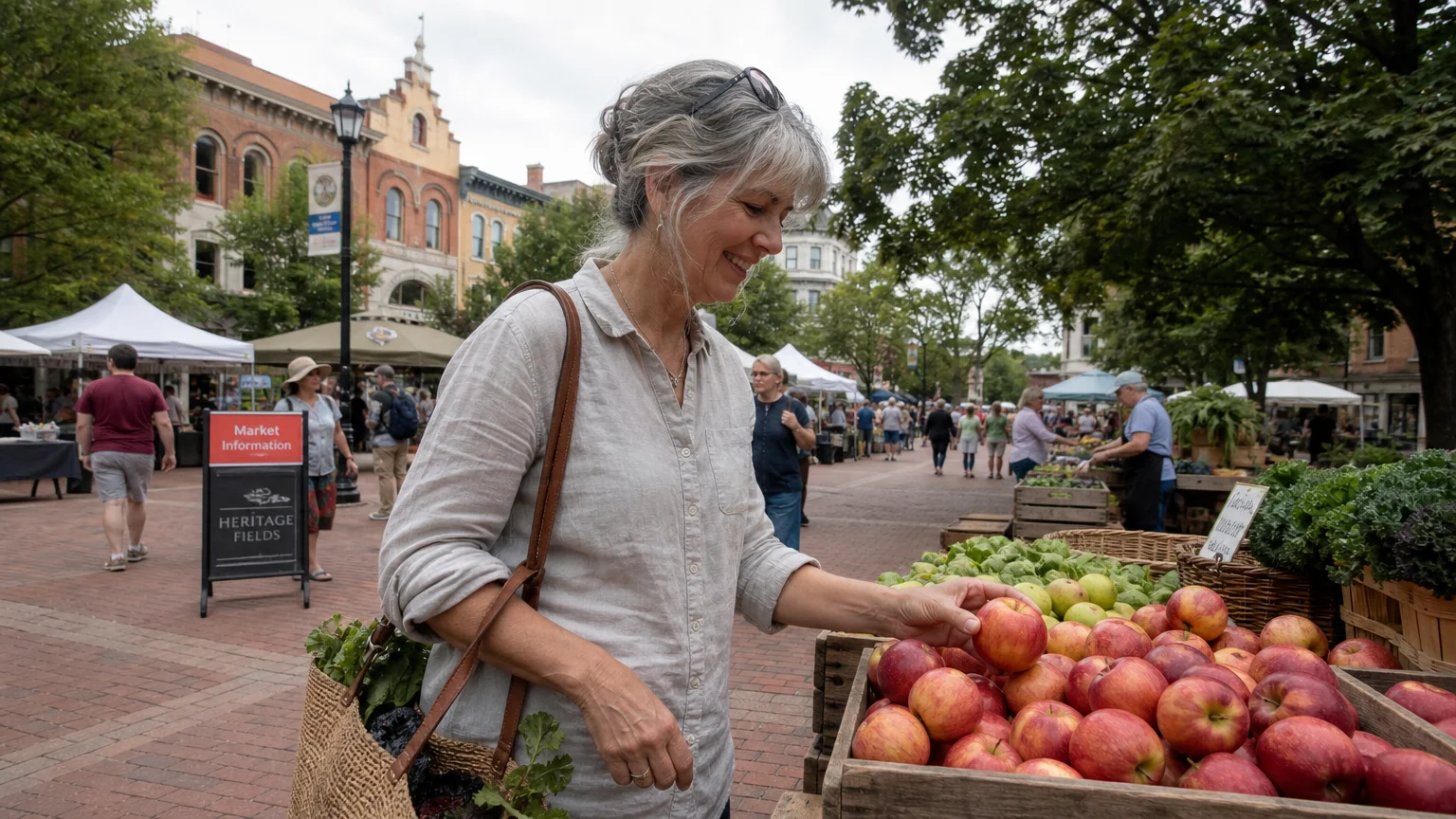 A retired woman happily browsing fresh produce at a vibrant outdoor town market.