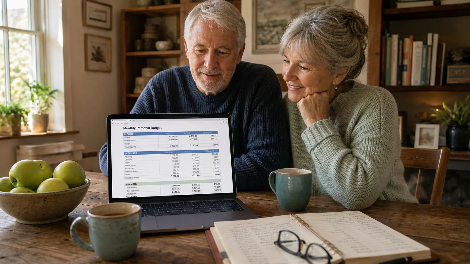 A senior couple sitting at a wooden kitchen table, looking at a laptop and managing their household budget together.