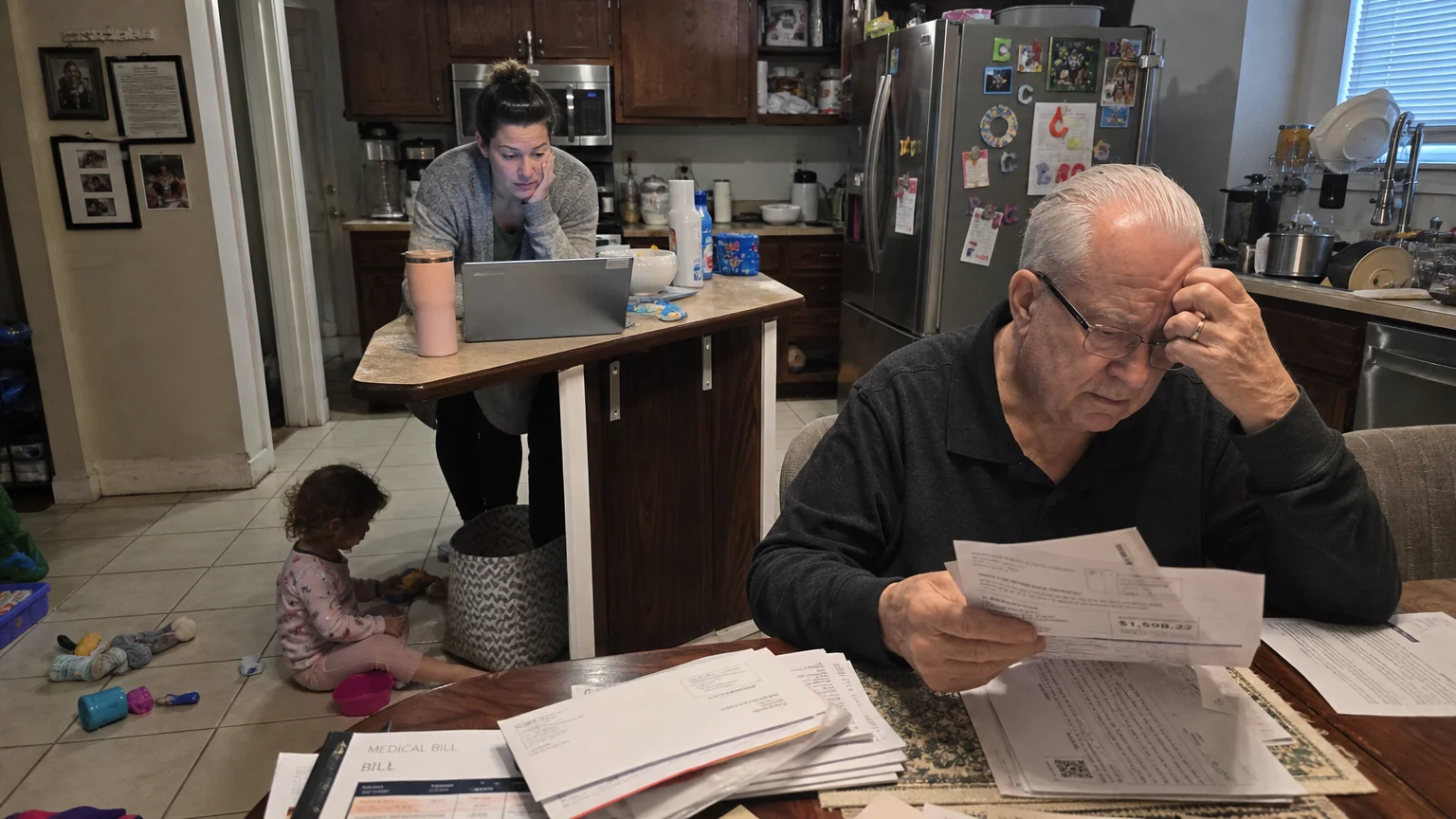 A stressed adult daughter balances work and childcare while her aging father sits nearby with medical bills.