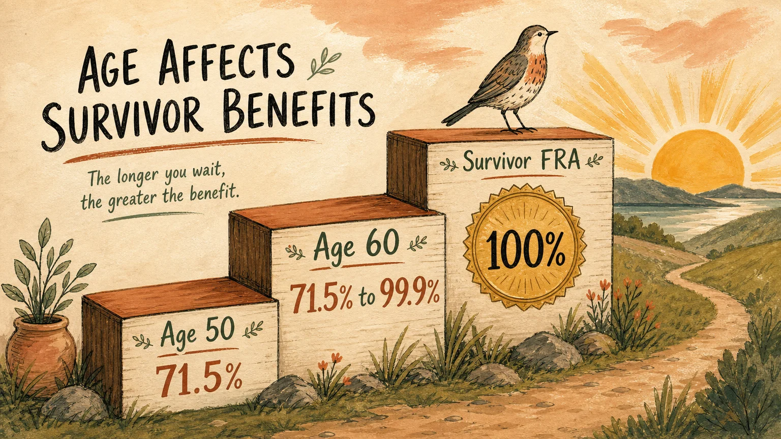 A stylized gouache illustration of steps representing different claiming ages and their corresponding benefit percentages.
