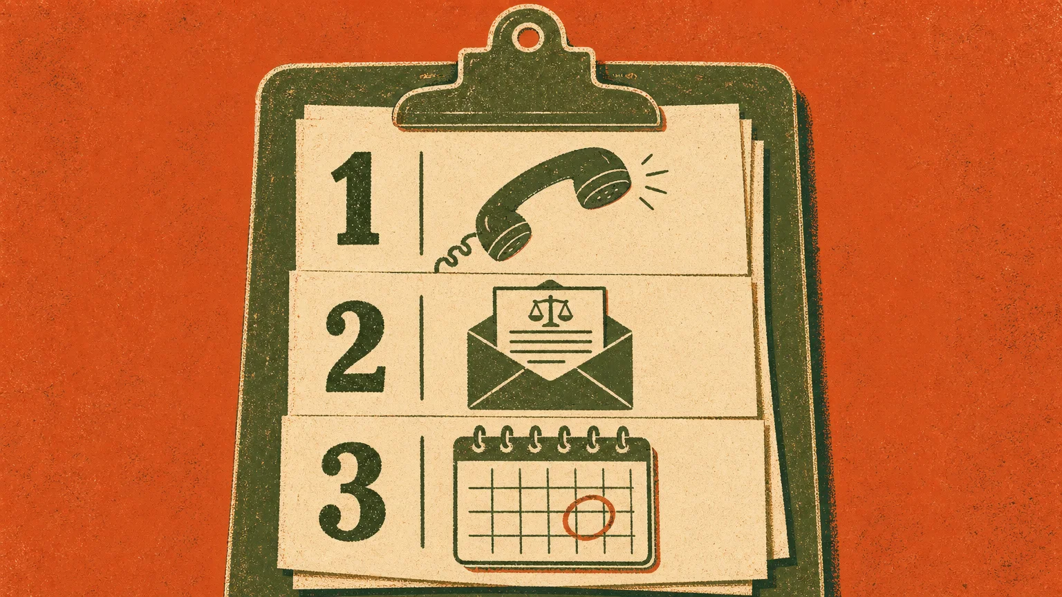 A stylized screenprint illustration of a checklist on a clipboard with icons representing a phone call, documents, and a calendar.