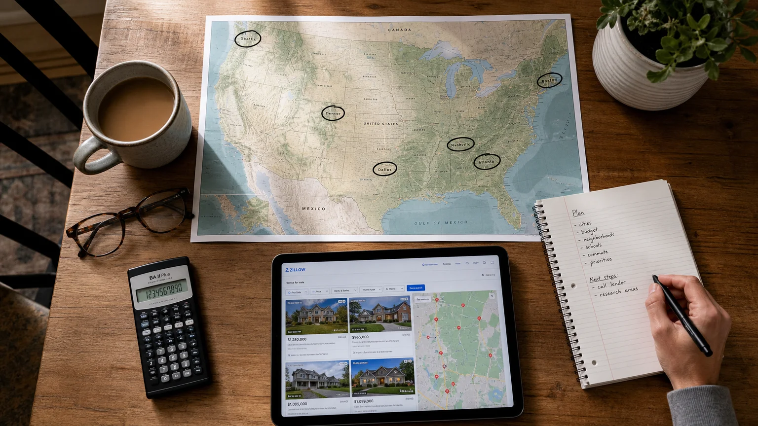 A top-down photo of a kitchen table with a map, calculator, and coffee, representing retirement planning.