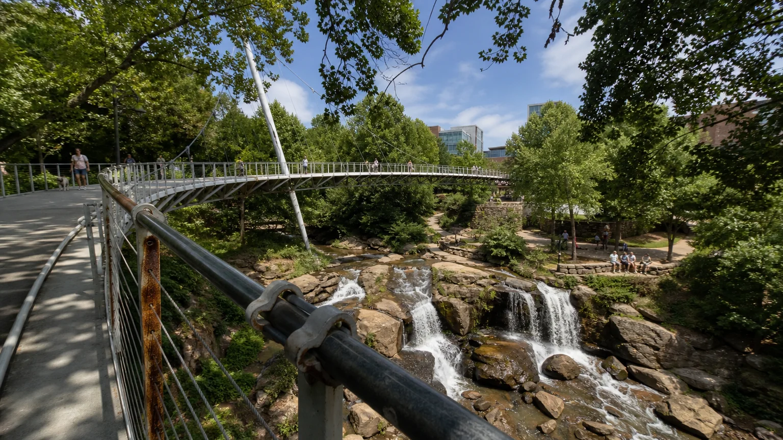 A view of the Liberty Bridge over the Reedy River Falls in downtown Greenville, South Carolina.