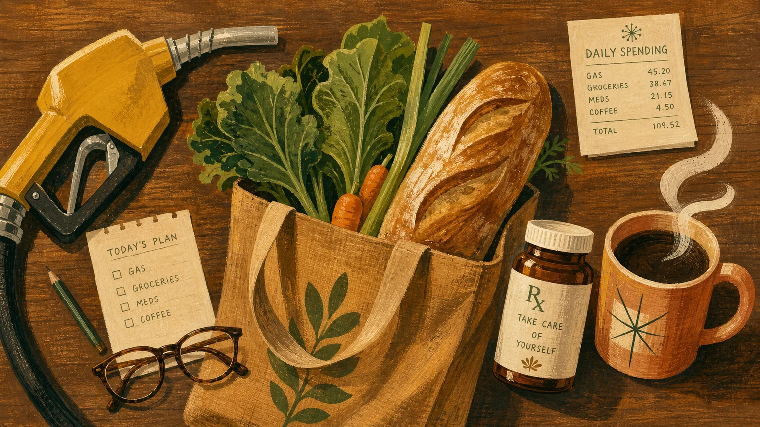 A warm gouache illustration of everyday items: a grocery bag, a gas nozzle, a pharmacy bottle, and a warm coffee mug.