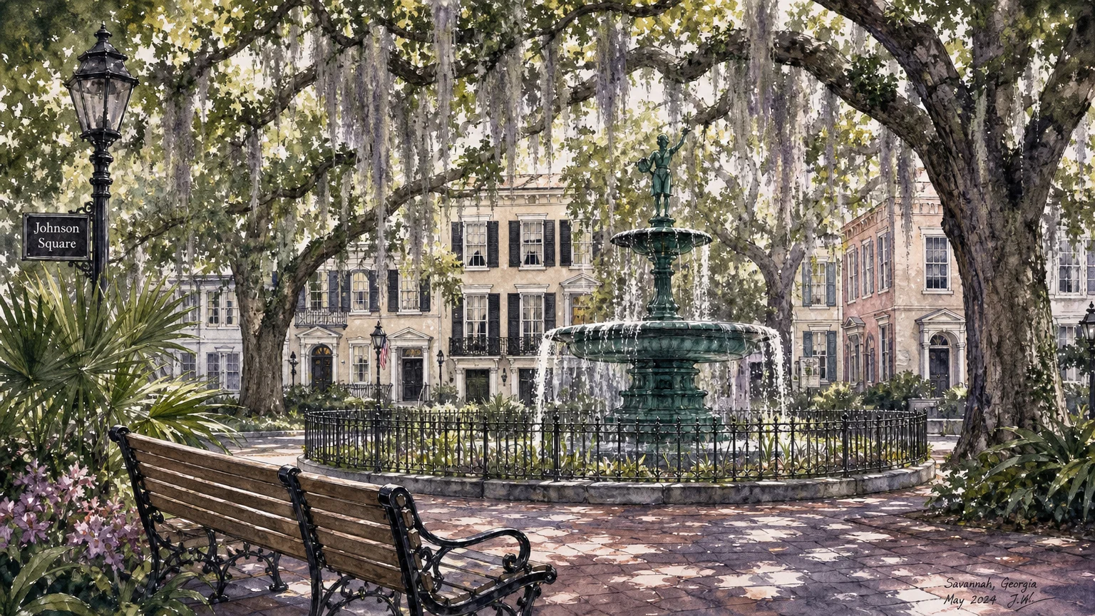 A watercolor painting of a Savannah square featuring a fountain, historic row houses, and live oak trees with Spanish moss.