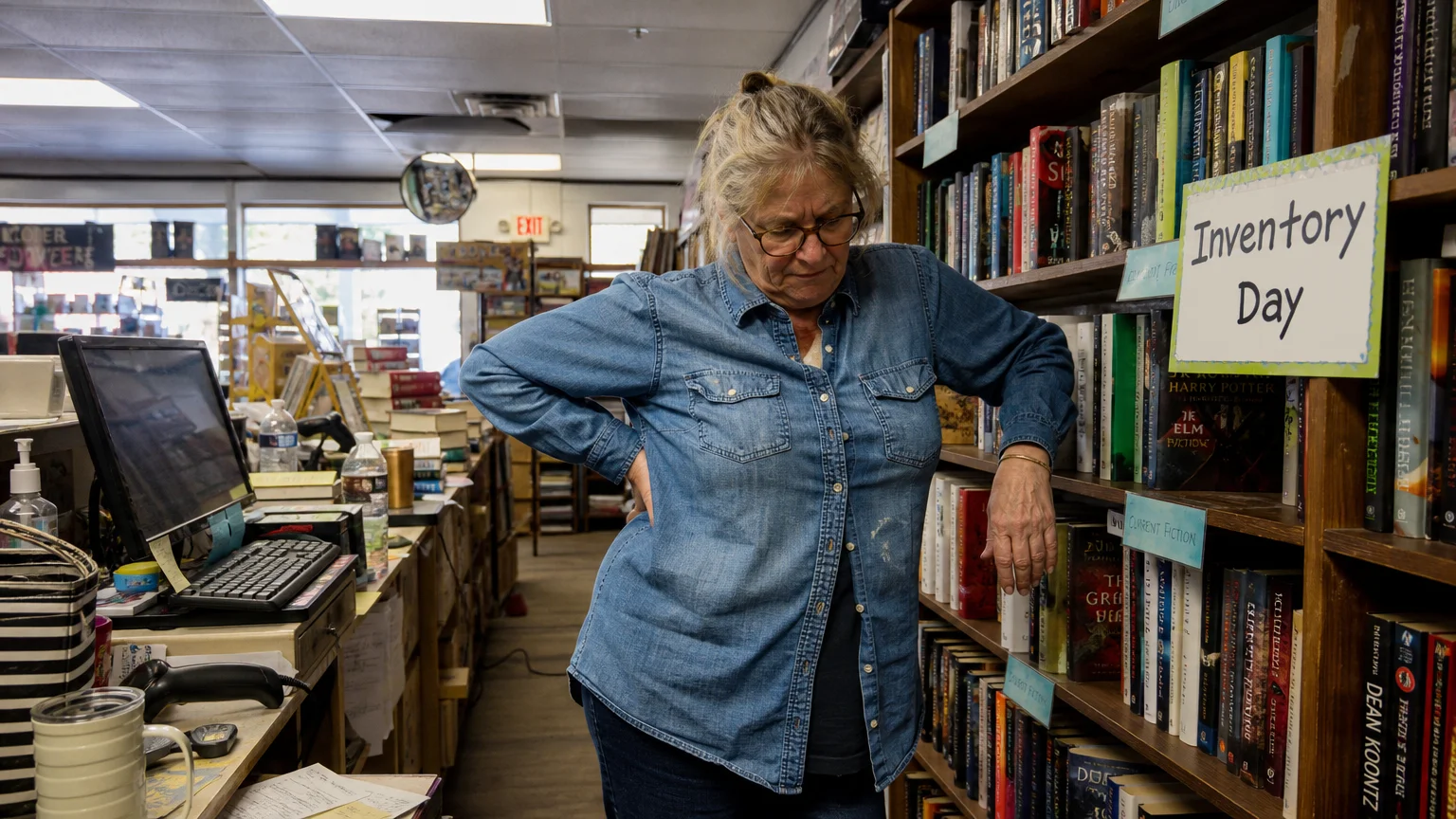 A woman in her 60s working at a bookstore, leaning against a shelf and looking tired during a shift.
