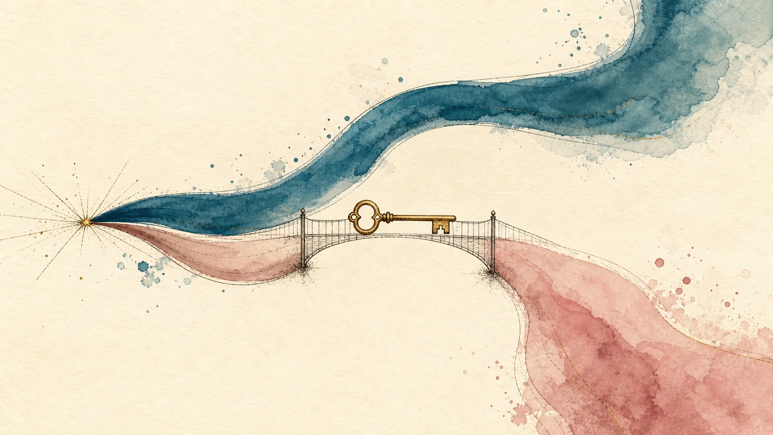 An abstract watercolor illustration showing two diverging paths connected by a delicate golden key, representing shared benefits.