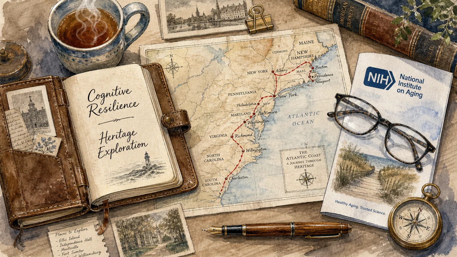 An artistic watercolor illustration of a travel planning desk with a map, journal, and a National Institute on Aging brochure.