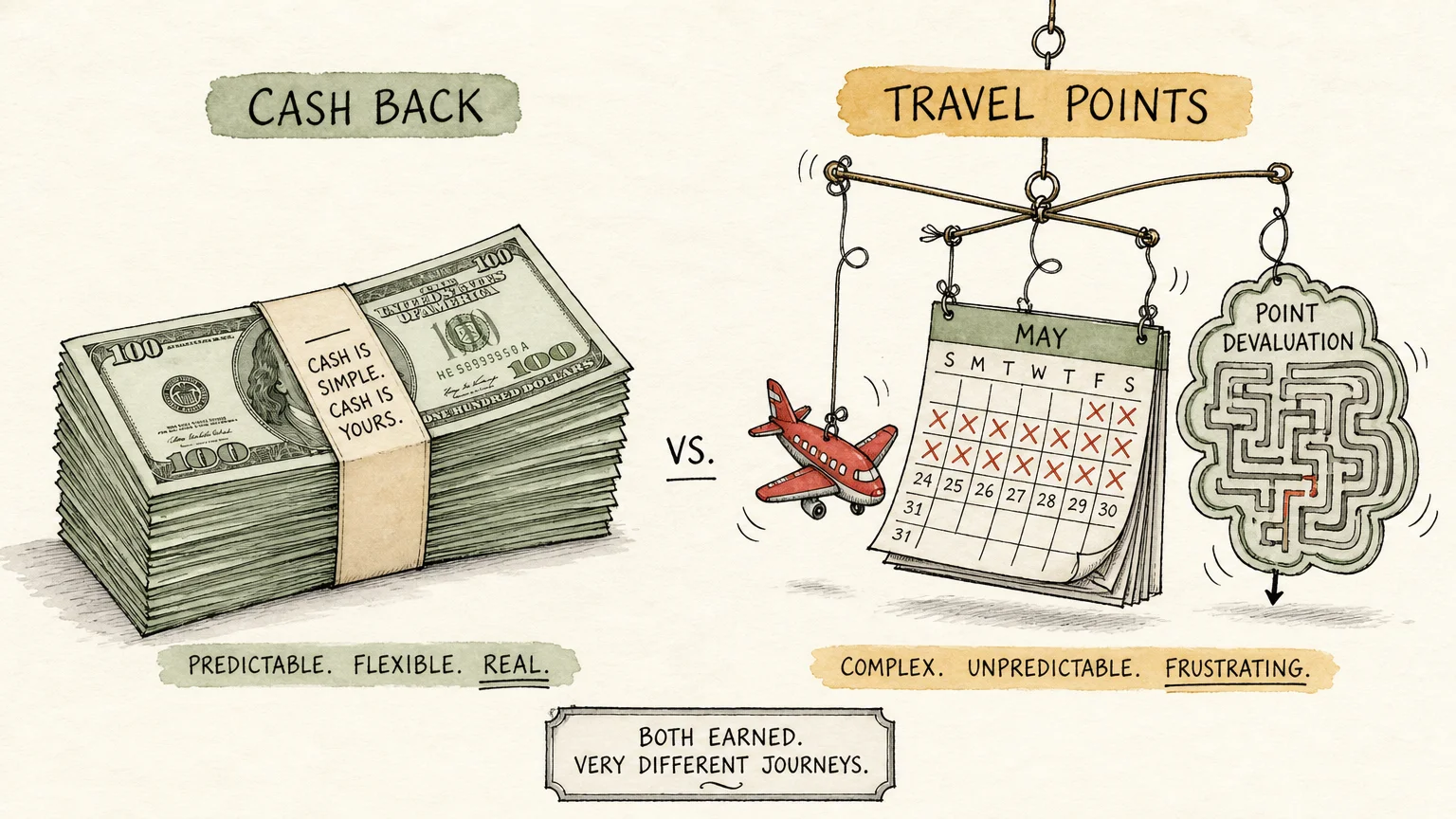 An editorial illustration comparing a neat stack of cash to a tangled mobile of travel restrictions and devalued points.