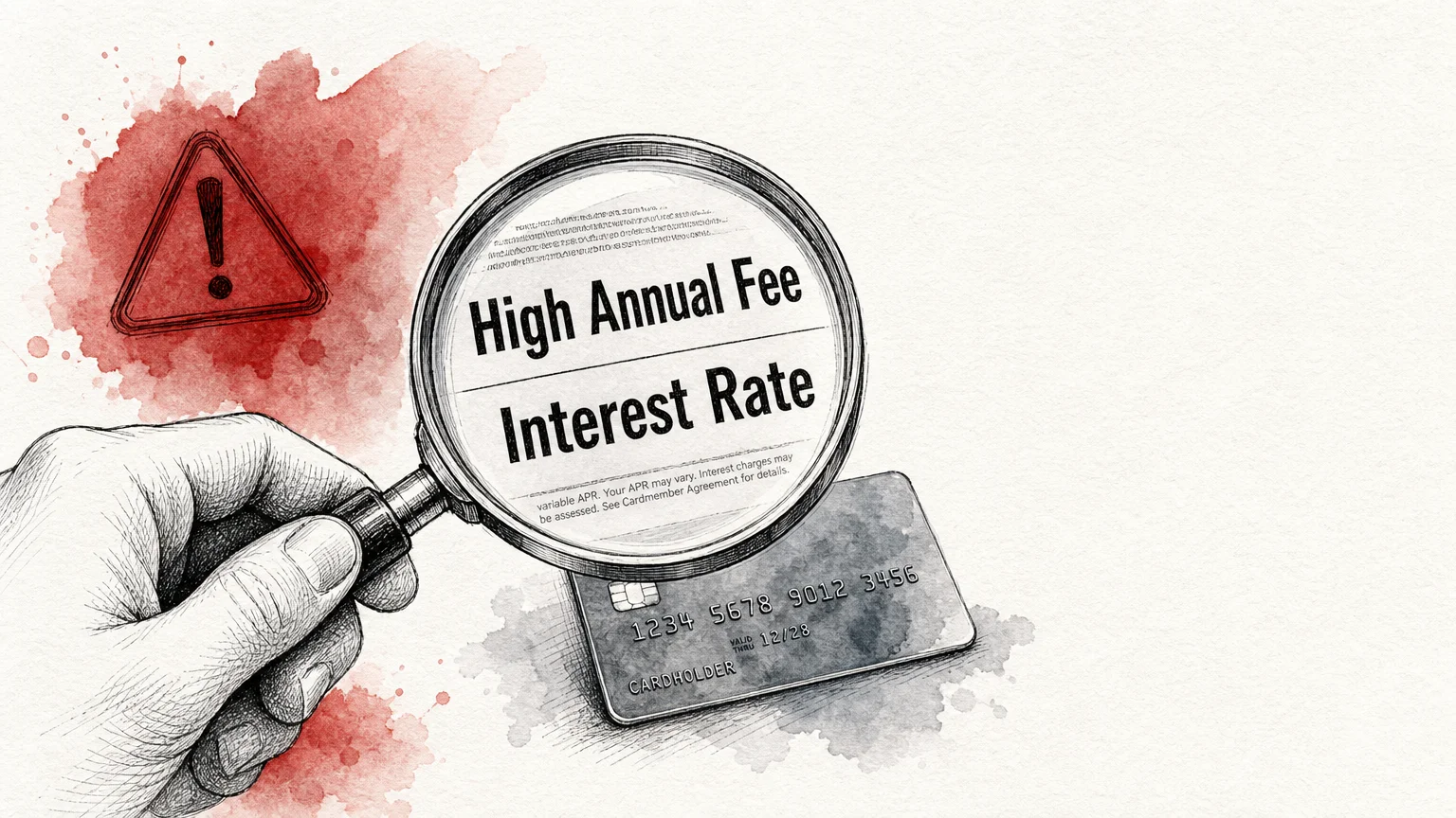 An editorial illustration of a magnifying glass highlighting hidden fees and interest rates on a credit card.
