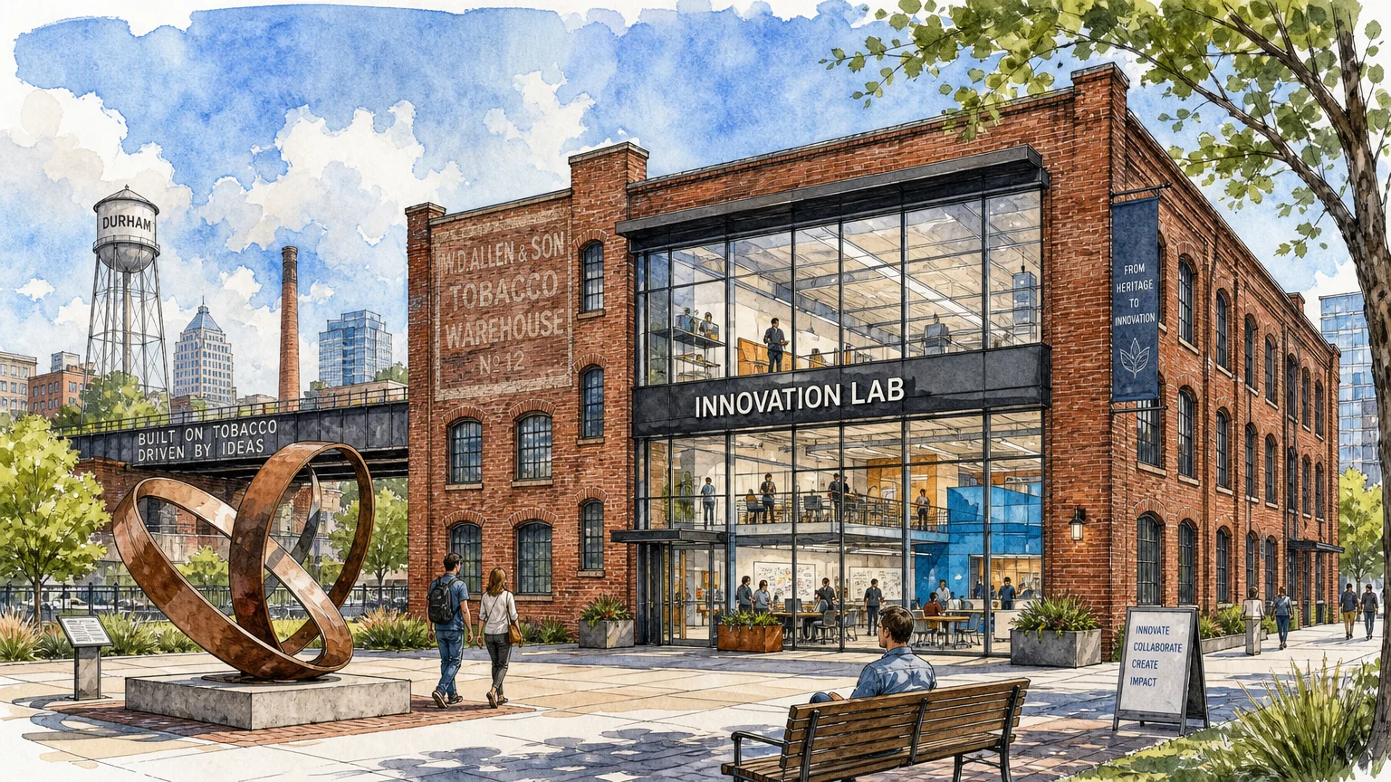 An illustration of a historic brick building repurposed as a modern innovation center in Winston-Salem.