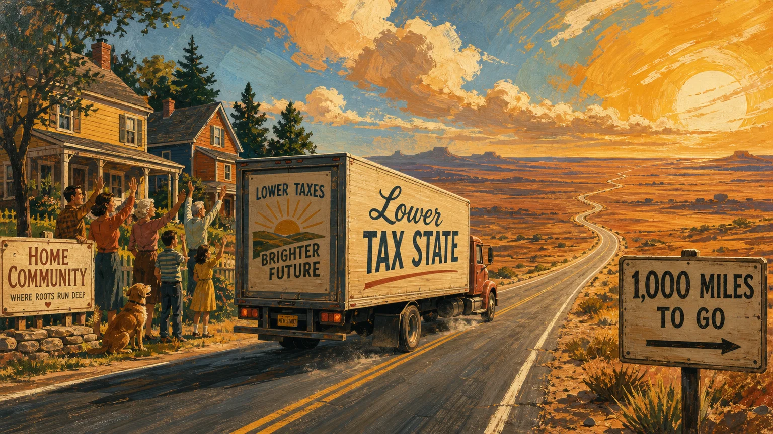 An illustration of a moving truck driving toward a sunny but empty horizon, leaving a cozy community behind.