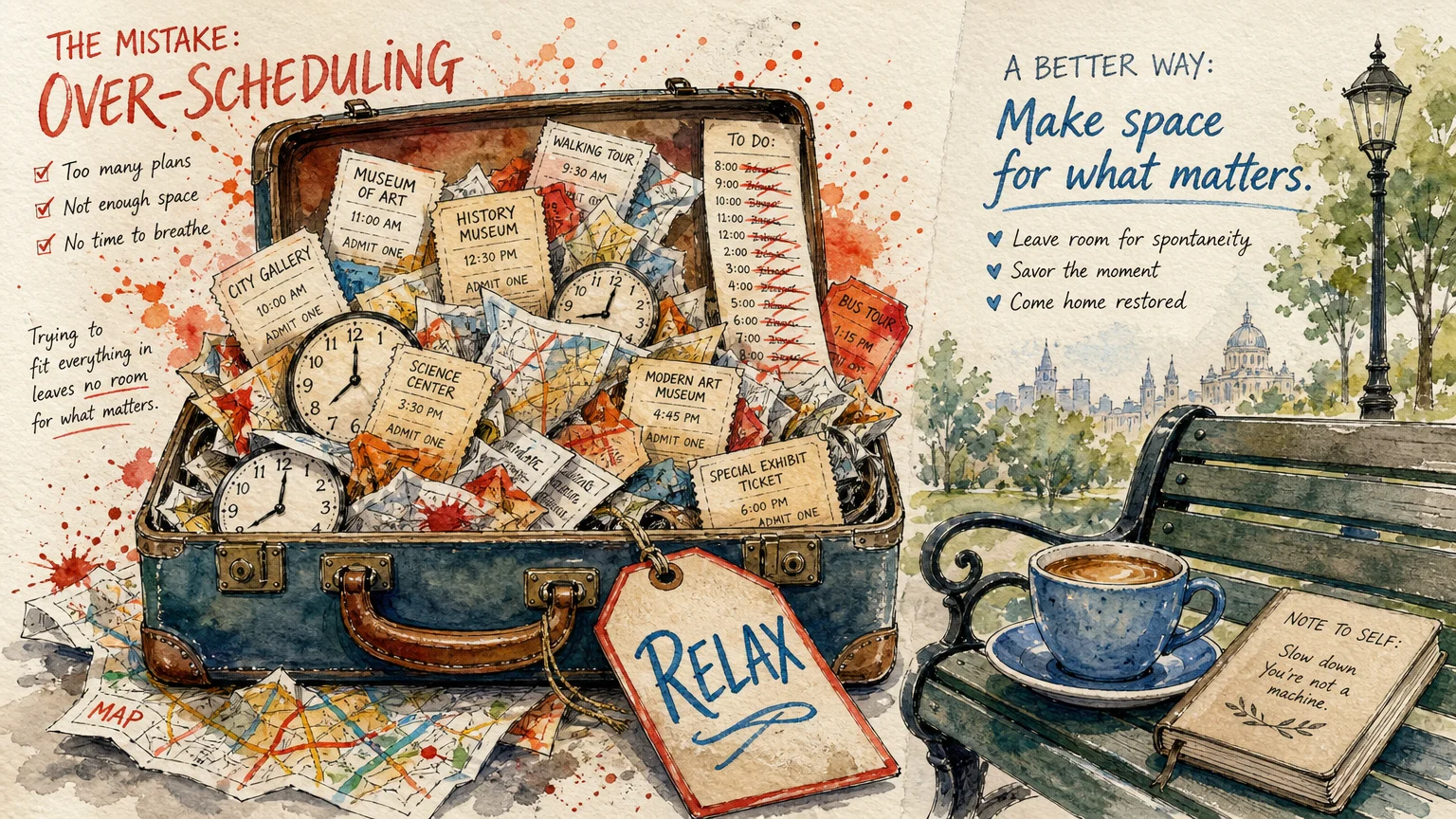 An illustration of a suitcase overflowing with tickets and clocks, with a tag that says 'RELAX'.