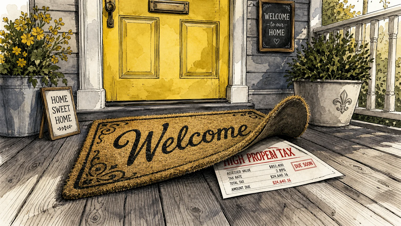 An illustration of a welcome mat being lifted to reveal a hidden tax bill, symbolizing relocation traps.