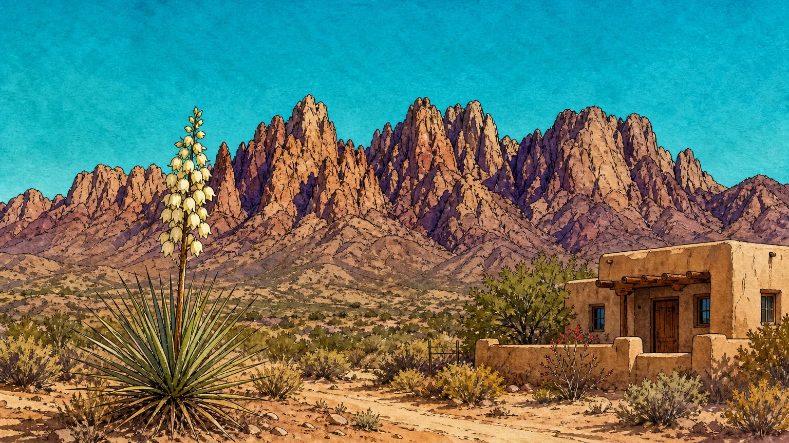 An illustration of the jagged Organ Mountains behind a desert landscape with yucca plants.