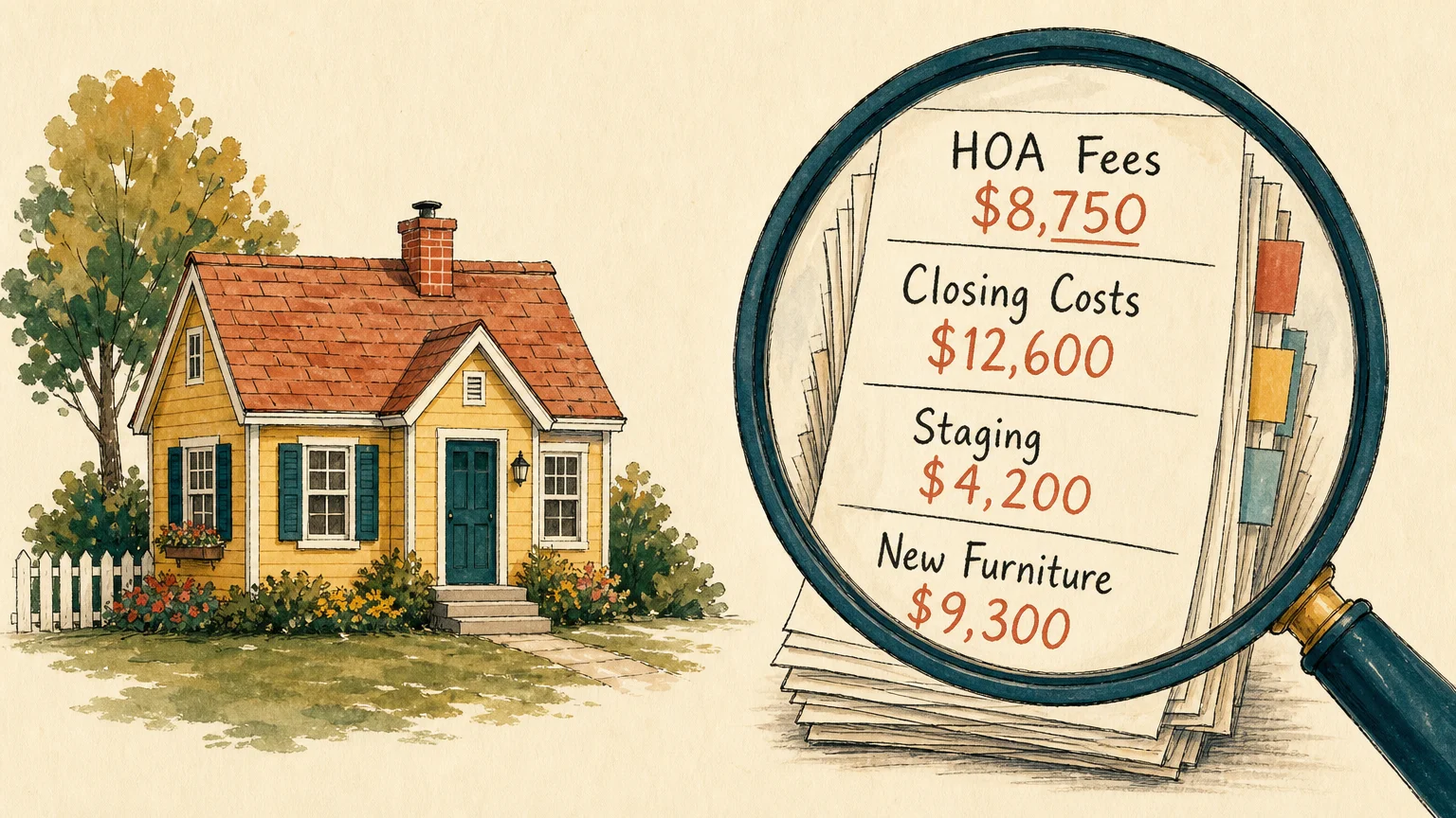 An illustration showing a small cottage next to a pile of hidden costs like HOA fees and closing costs under a magnifying glass.