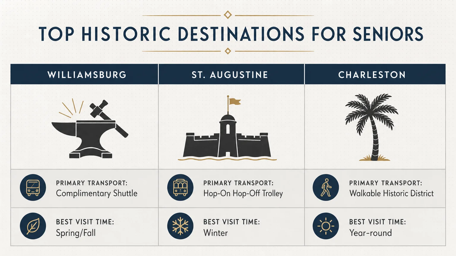 An infographic comparing Williamsburg, St. Augustine, and Charleston based on transport and best time to visit.