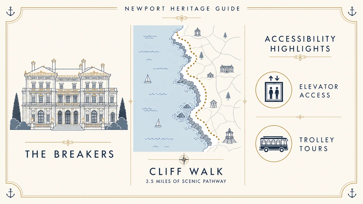 An infographic showing Newport heritage highlights including The Breakers mansion and the 3.5-mile Cliff Walk path.