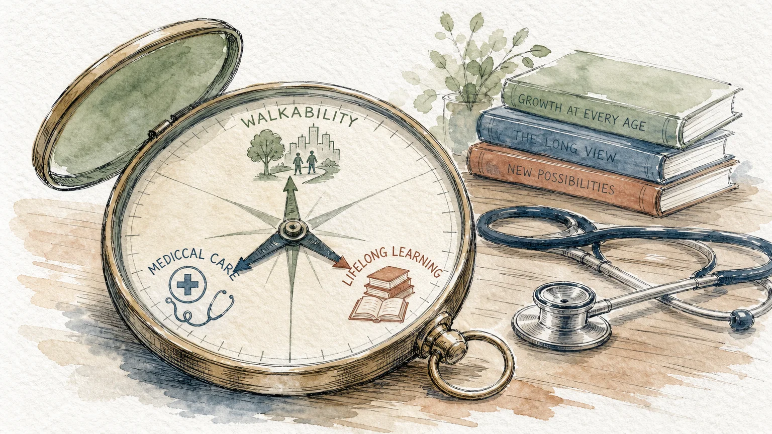 An ink and watercolor illustration of a compass pointing toward icons for healthcare, walking, and education.