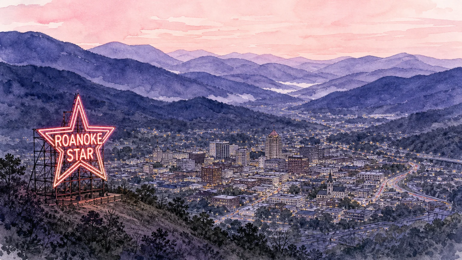 An ink and watercolor sketch of the Roanoke Star overlooking a valley city in the Blue Ridge Mountains.