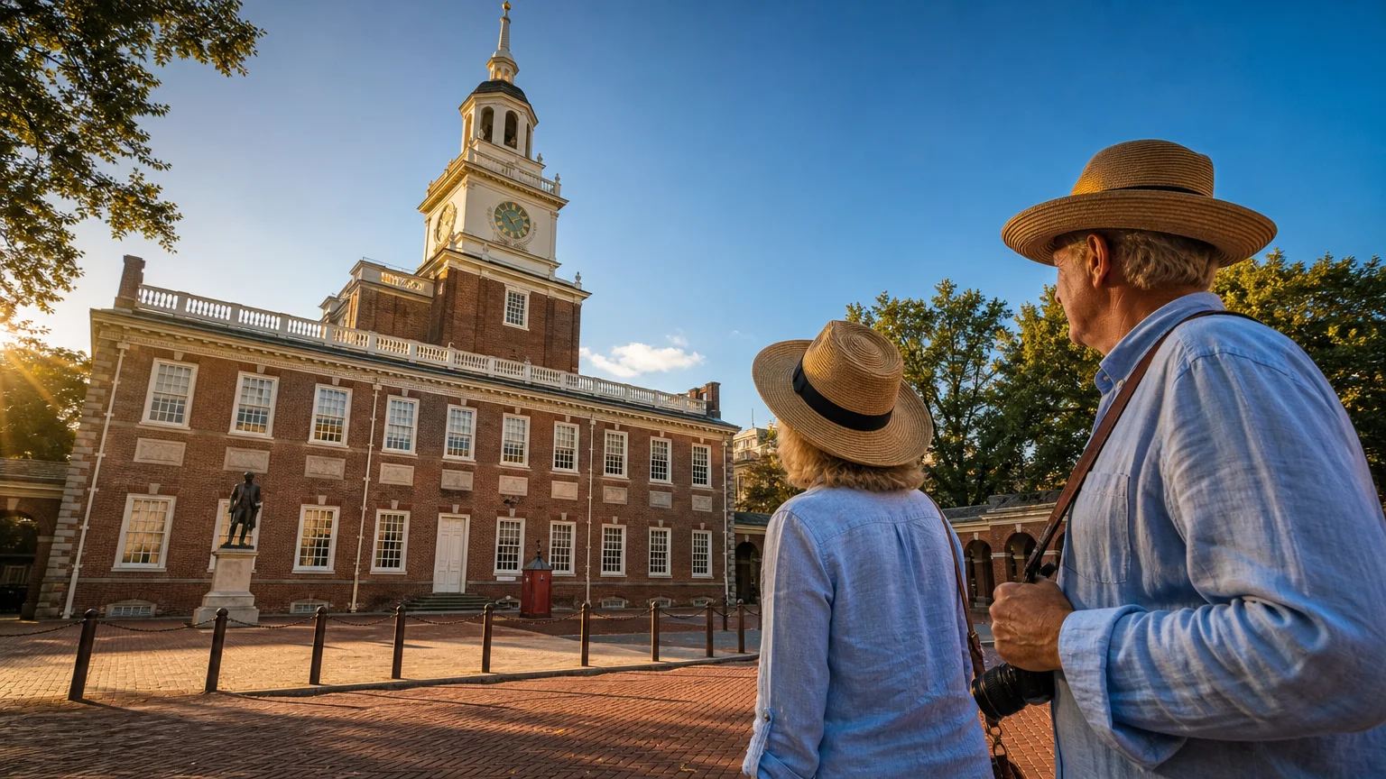 An older couple looks up at Independence Hall in Philadelphia during a warm sunset, showcasing the city's accessible historic district.