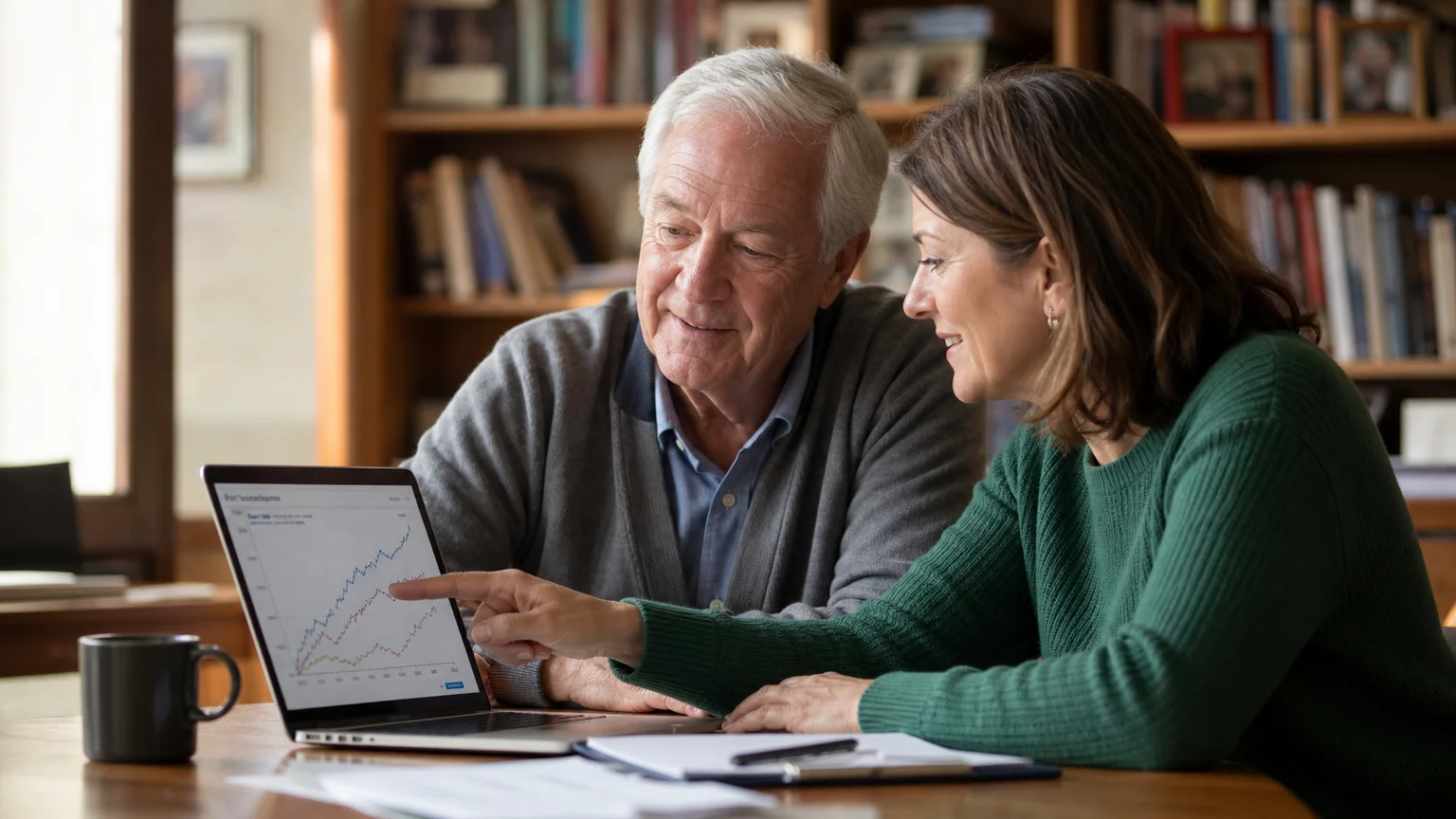 An older man and a professional advisor sit side-by-side in a cozy home office, reviewing a chart on a laptop screen.