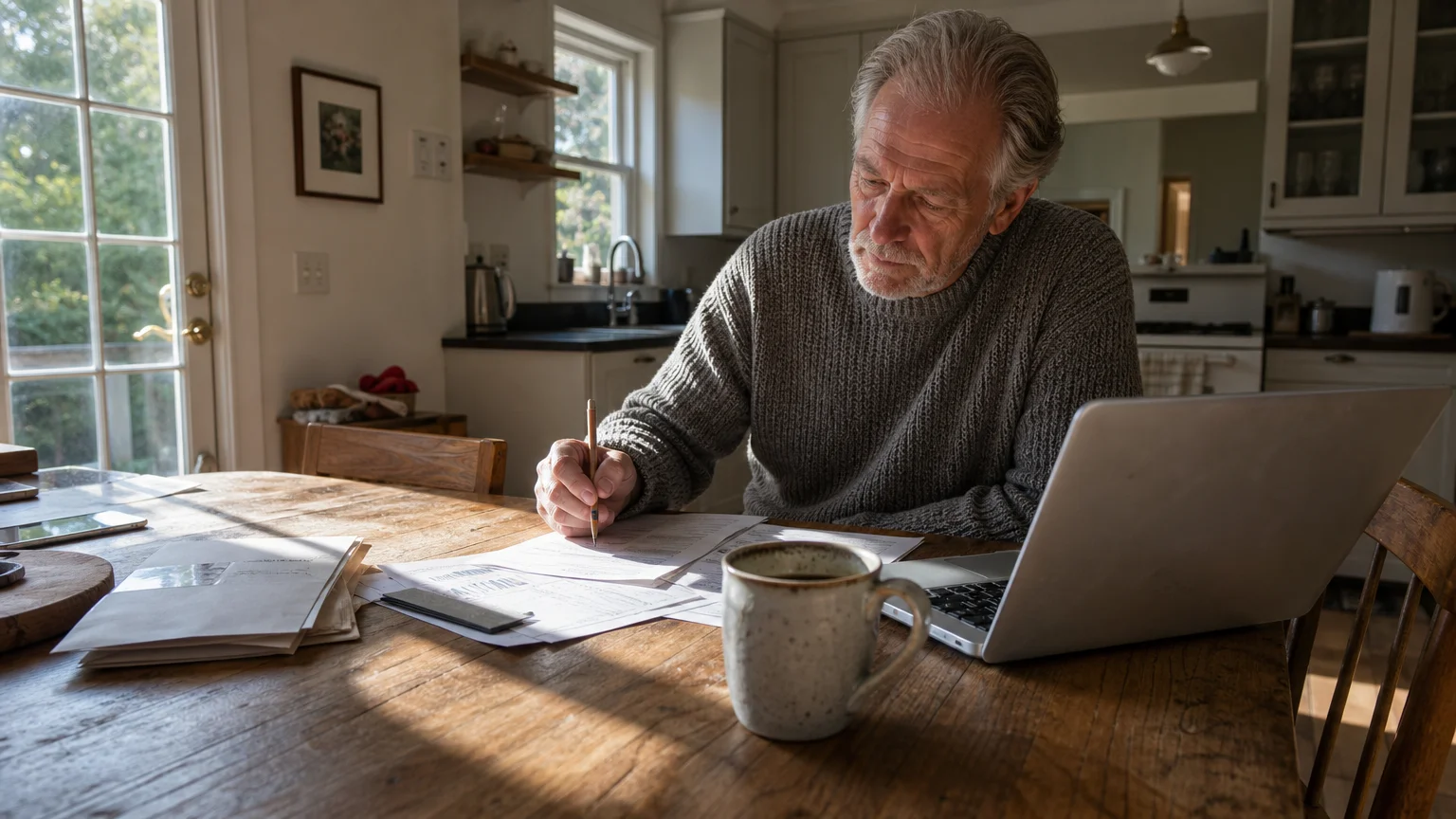 An older man sitting at a sunlit kitchen table thoughtfully reviewing financial papers.