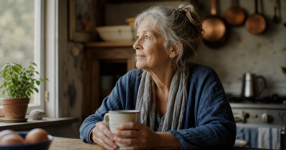 An older woman sits thoughtfully at her sunlit kitchen table holding a ceramic mug, bathed in soft morning light.