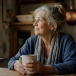 An older woman sits thoughtfully at her sunlit kitchen table holding a ceramic mug, bathed in soft morning light.