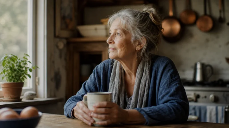 An older woman sits thoughtfully at her sunlit kitchen table holding a ceramic mug, bathed in soft morning light.