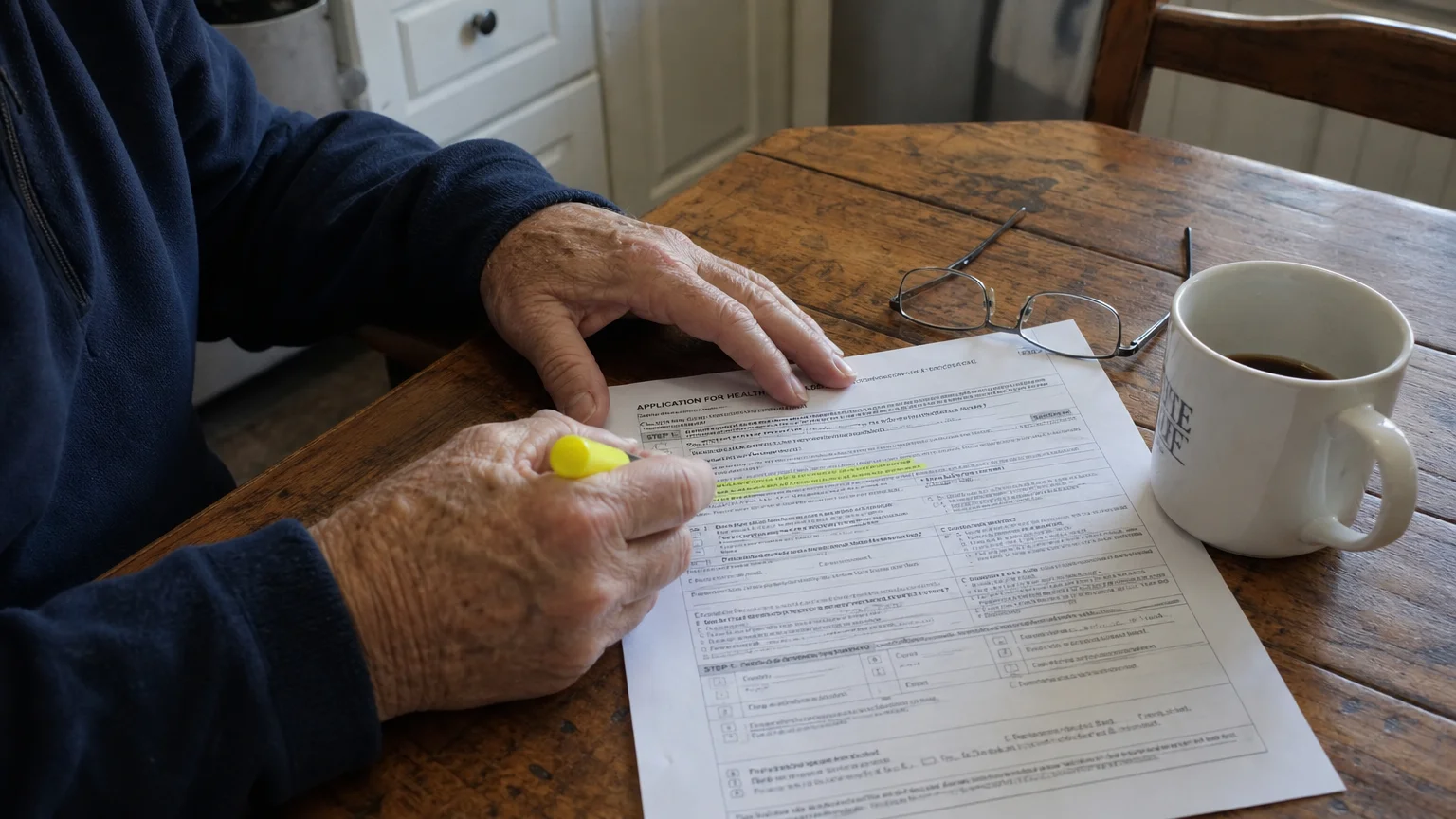 Close-up of an older person's hands highlighting details on a Social Security application form on a wooden table.