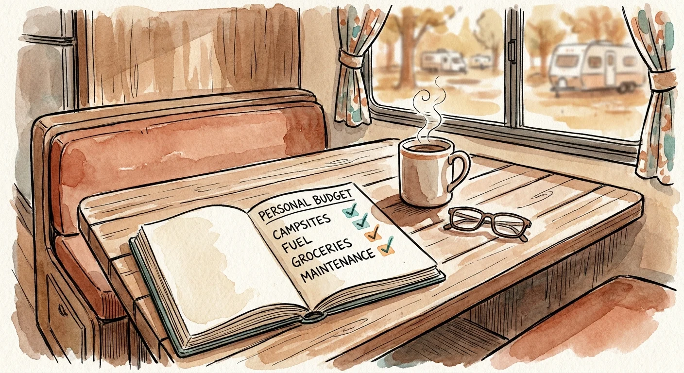Ink and watercolor illustration of an open budget planner on an RV table with categories like fuel and campsites next to coffee.