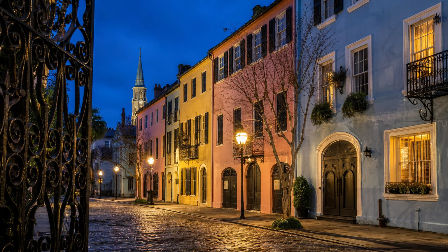 The pastel-colored historic houses of Charleston's Rainbow Row at dusk, lit by warm street lamps.