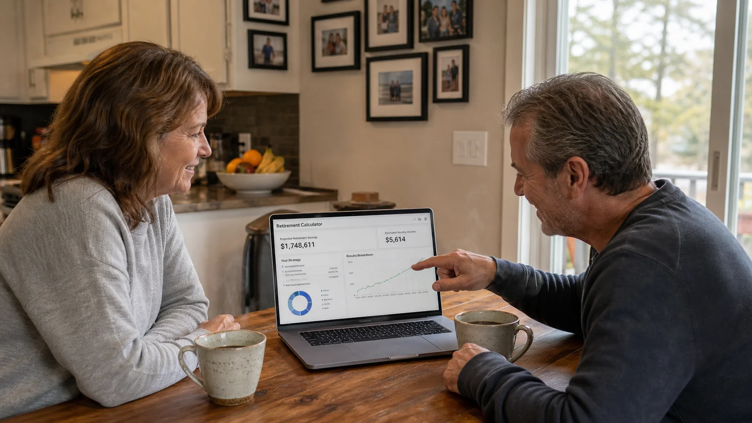 Two people sitting at a kitchen table with a laptop and coffee, looking relieved while discussing retirement plans.