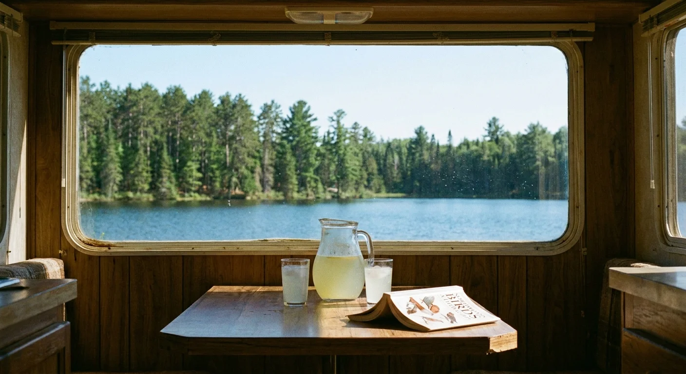 View from inside a cozy RV looking out a large window at a serene northern lake surrounded by pine trees in summer.