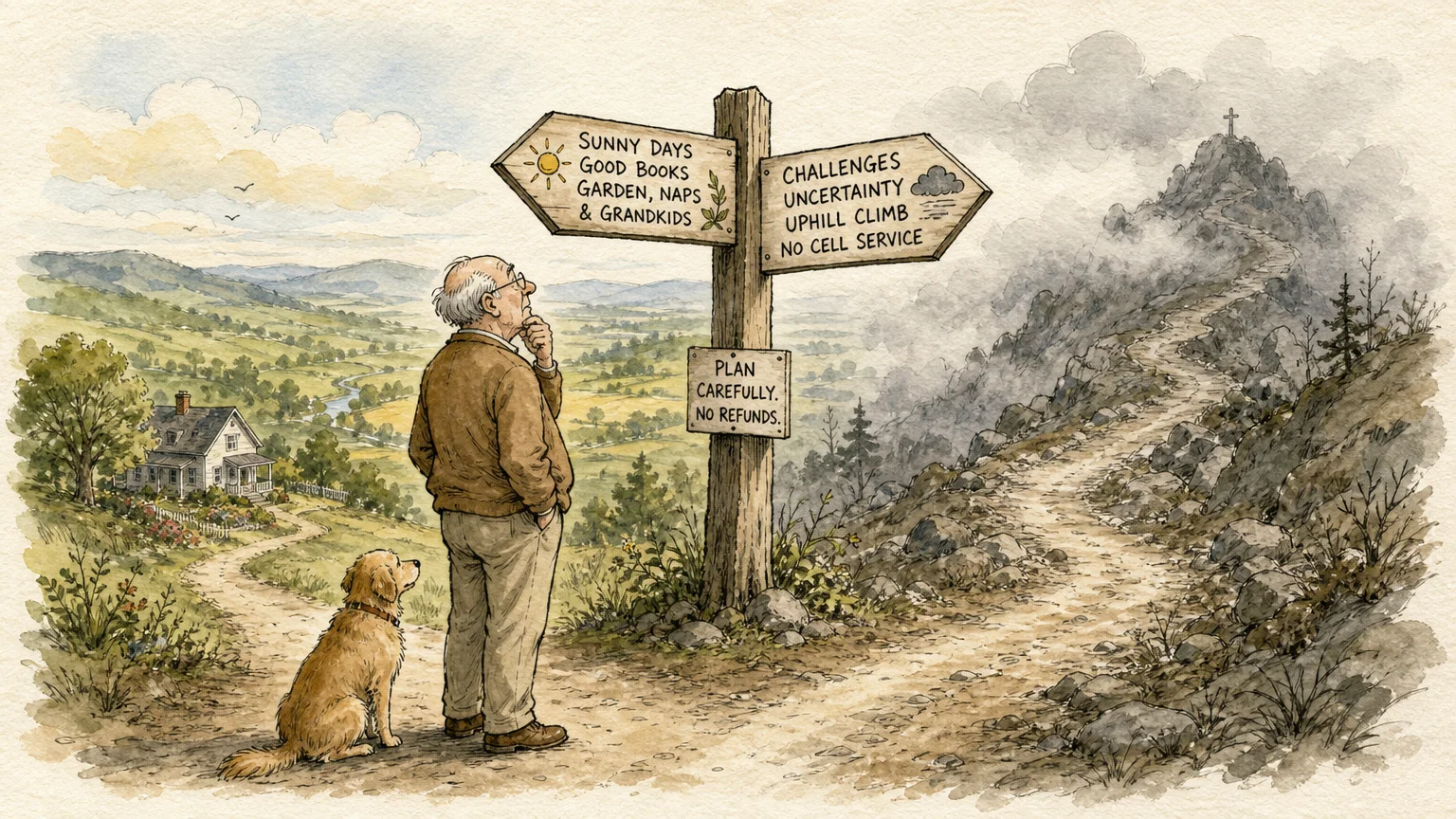 Watercolor illustration of a retired man standing at a fork in a path, pondering which signpost to follow.