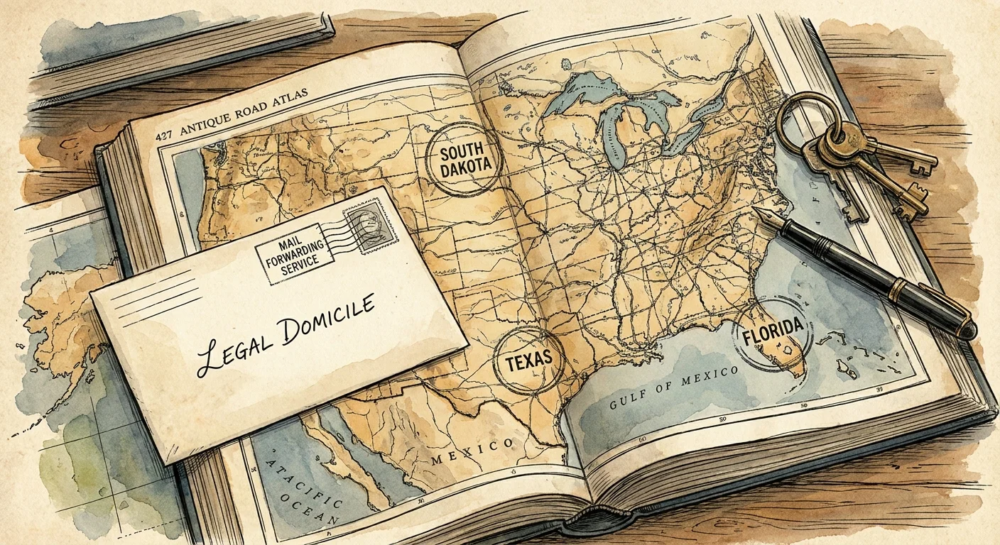 Watercolor illustration of a road atlas, mail-forwarding envelope, and keys, representing establishing an RV domicile state.