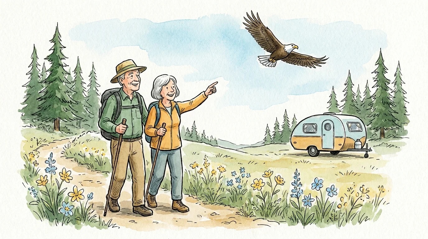 Watercolor illustration of an active retired couple hiking a wildflower-lined trail with their travel trailer in the background.