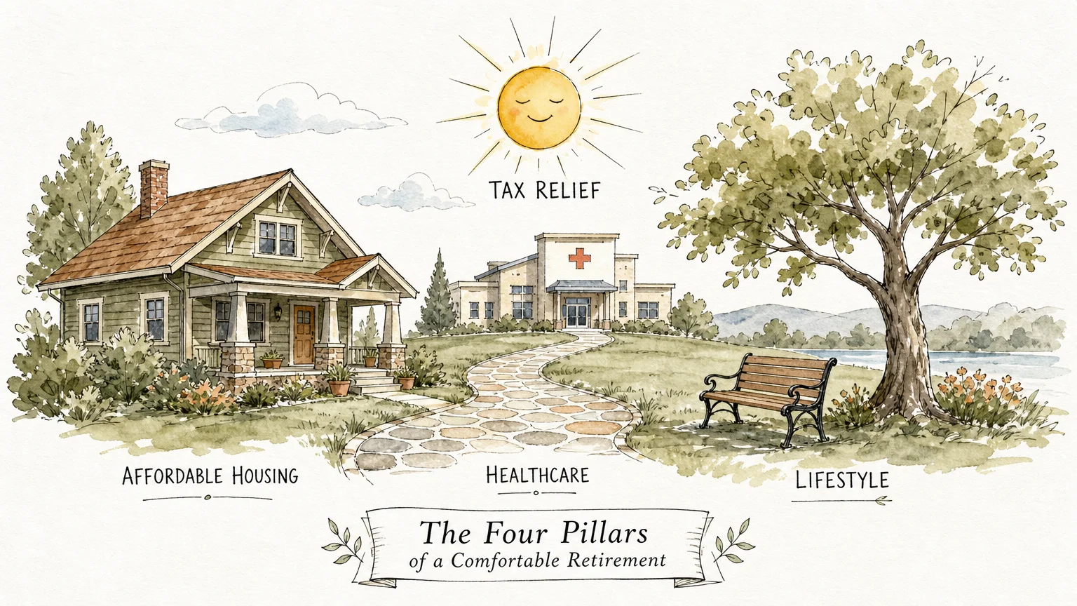 Watercolor illustration showing a cozy house, a hospital, and a park bench representing key retirement factors.