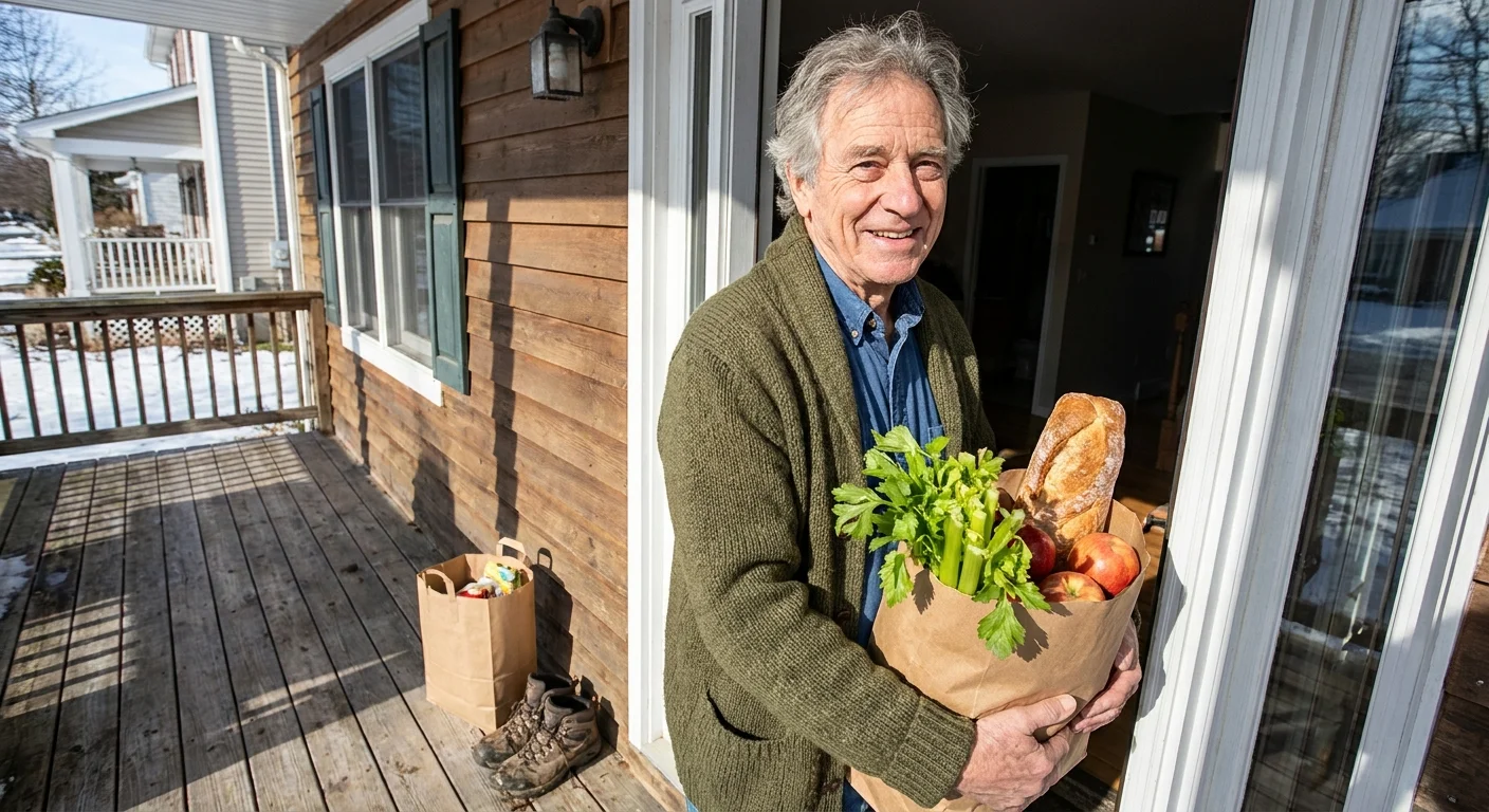 A candid photo of an older man smiling as he receives fresh groceries delivered directly to his front porch.