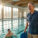 A cheerful retired man in his 60s working as a pool coordinator at a community recreation center, holding a kickboard and smiling.