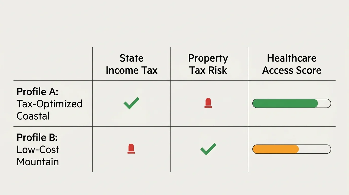 A clean data-visualization table comparing two retirement profiles across tax burdens and healthcare accessibility.