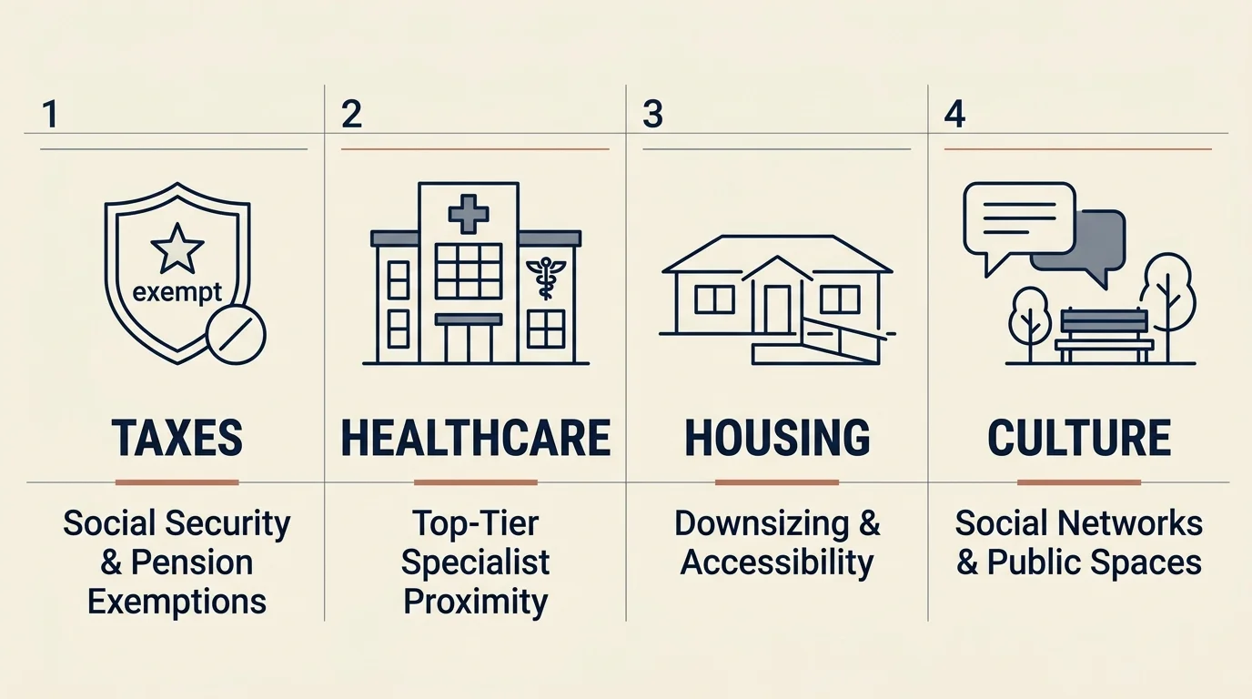 A clean four-column diagram showing the core pillars of retirement: Taxes, Healthcare, Housing, and Culture.