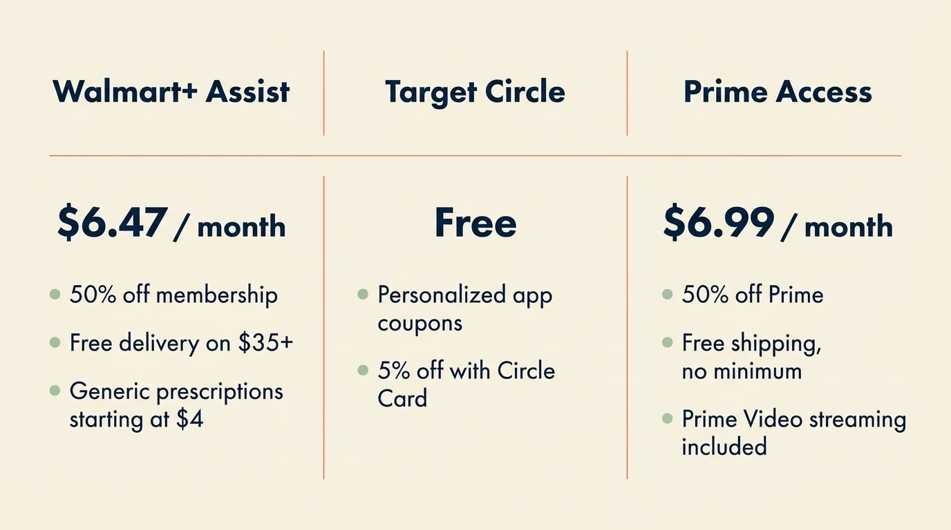 A clean horizontal comparison chart showing the monthly costs and key benefits of Walmart+ Assist, Target Circle, and Prime Access.